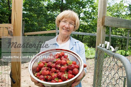 Frau Betrieb Sieb mit Erdbeeren