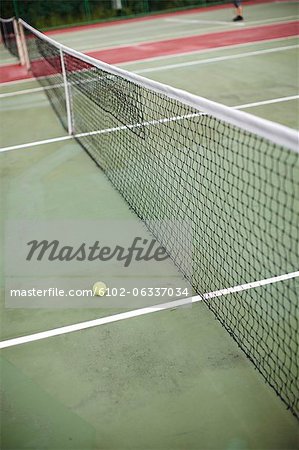 High angle view of net and tennis ball