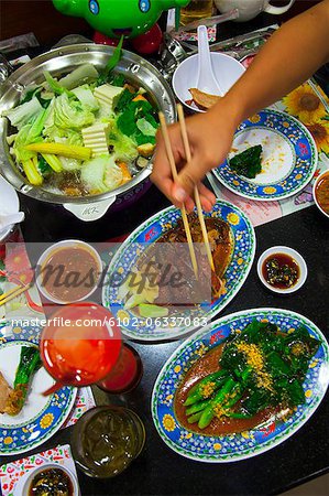 High angle view of various Thai food on table