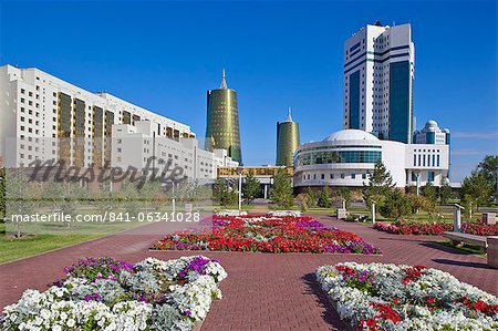 House of Ministries and twin golden conical business centres, the southern one contains the headquarters of Samruk-Kazyna, Astana, Kazakhstan, Central Asia, Asia