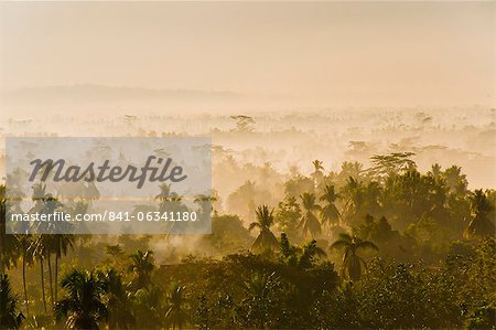 Frühen Morgennebel in der Kedu-Ebene bei Sonnenaufgang vom Borobudur-Tempel, Java, Indonesien, Südostasien, Asien