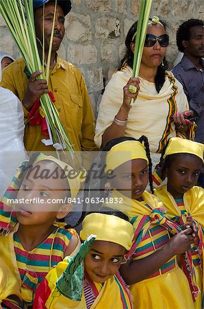 Ethiopian Palm Sunday procession on the roof of the Church of Holy Sepulchre. Old City, Jerusalem, Israel, Middle East