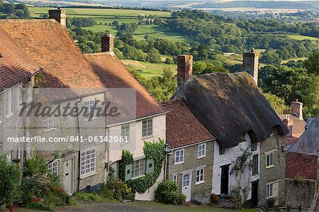 Gold Hill, and view over Blackmore Vale, Shaftesbury, Dorset, England, United Kingdom, Europe