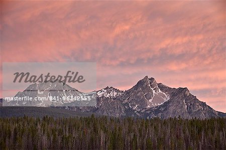 Pink sunset clouds over McGowen Peak on the right and Mt. Regan on the left, in the Sawtooth Range, Sawtooth National Recreation Area, Idaho, United States of America, North America