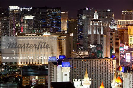 Elevated view of casinos on The Strip at night, Las Vegas, Nevada, United States of America, North America
