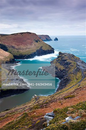 Boscastle Harbour and Penally Point from Penally Hill, North Cornwall, England, United Kingdom, Europe