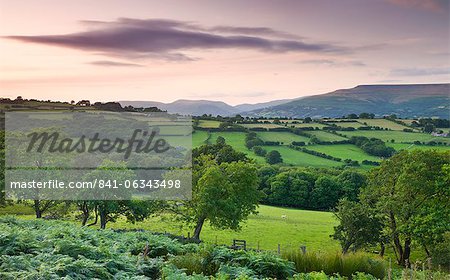 Rolling countryside at twilight, Brecon Beacons National Park, Powys, Wales, United Kingdom, Europe