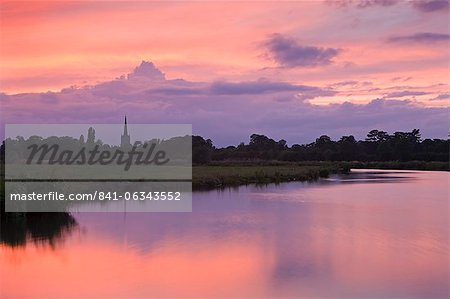 Beautiful sunset over the River Thames and the church spire of Lechlade, Oxfordshire, The Cotswolds, England, United Kingdom, Europe