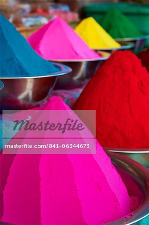 Coloured powders for sale, Devaraja market, Mysore, Karnataka, India, Asia