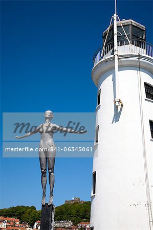 The Diving Belle Sculpture and Lighthouse on Vincents Pier, Scarborough, North Yorkshire, Yorkshire, England, United Kingdom, Europe