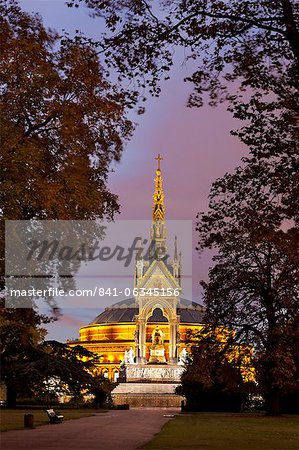 Albert Memorial and Royal Albert Hall at dusk, Hyde Park, London, England