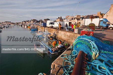 Looking down the harbour at Saint Vaast La Hougue, Cotentin Peninsula, Normandy, France, Europe