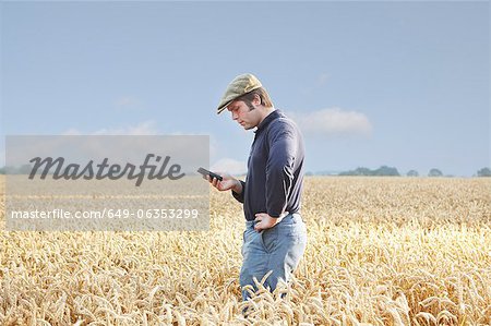 Agriculteur à l'aide du téléphone cellulaire dans le domaine de la culture