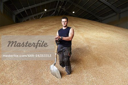 Farmer standing in shed of grain