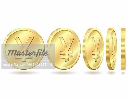 Gold coin with yen sign with different angles. Vector illustration isolated on white background