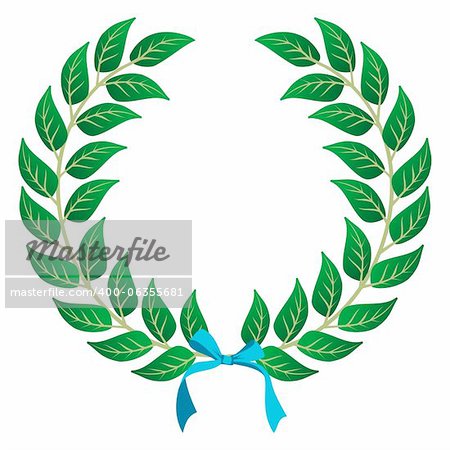 Laurel wreath with a sky blue ribbon over white background. Vector file layered for easy manipulation and customisation.