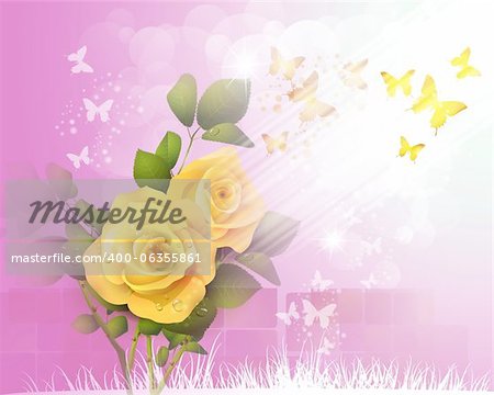Background with yellow roses and butterflies