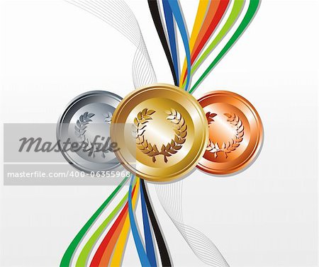 Sport gold, silver and bronze medals with ribbon elements set background. Vector file layered for easy manipulation and customisation.