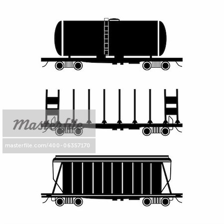 Set of three stylised wagons. The Hopper car, open wagon, tank car. Vector illustration