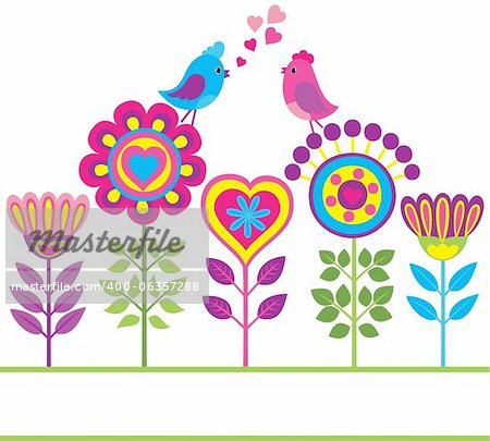 Decorative colorful funny vector background with flowers and birds