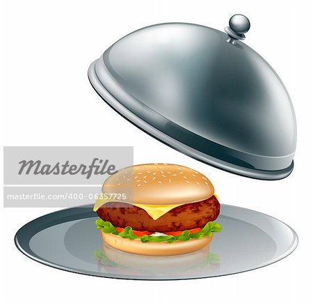 Illustration of a cheese burger on silver platter. Could be a concept for inflated worth or luxury burgers.