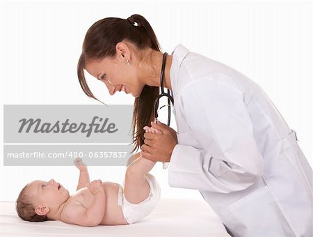 female doctor checking baby on white isolated background