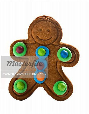 Colorful gingerbread man on white background with space for text