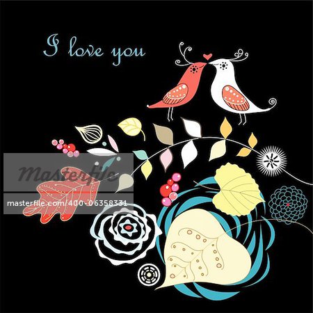 Greeting card with autumn leaves and birds in love on a black background