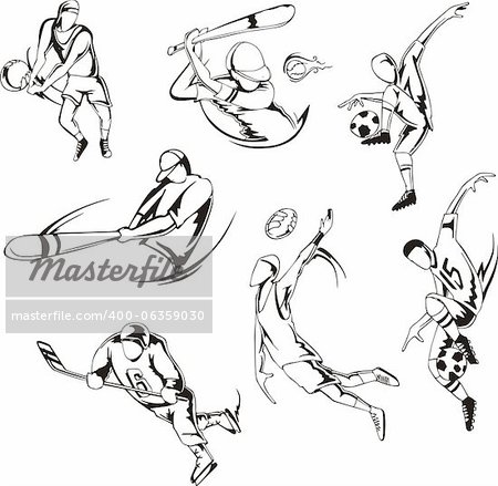 Team sports. Set of black and white vector illustrations.