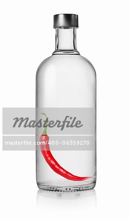 Bottle of vodka with pepper isolated on a white background. Clipping Path