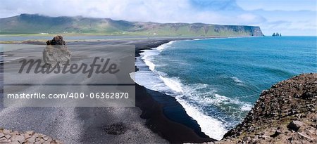 Sea, rocks and black sand on the south coast of Iceland