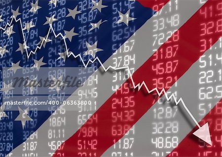 Crisis in USA - Shares Fall Graph on United States of America Flag