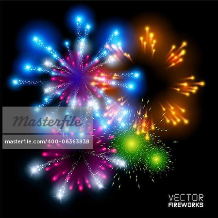 Beautiful Vector Fireworks, on a black background.