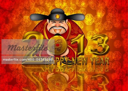 2013 Happy New Year Chinese Money Prosperity God Holding Round Gold Dragon Coin Illustration