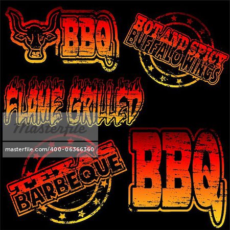 Flame grilled and BBQ rubber stamp illustrations