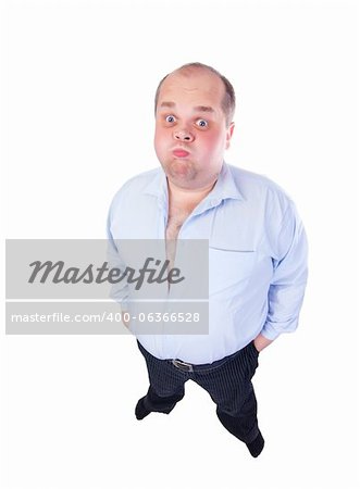 Fat Man in a Blue Shirt, Contorts Antics, wide-angle top view, isolated
