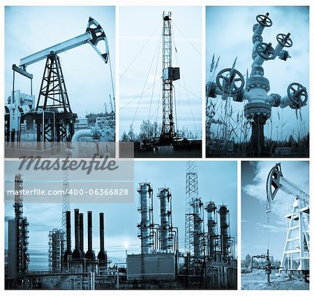 Oil and gas industry. Collage, monochrome, toned blue.