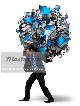 Businessman Carrying Ball of Electronics on Back