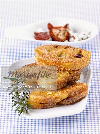 Toasted dried tomato and feta cheese sandwiches