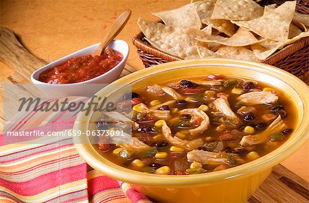 Bowl of Chicken Tortilla Soup; Salsa and Tortilla Chips