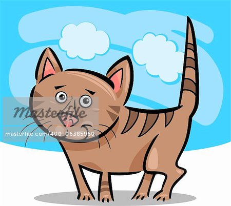 Cartoon Illustration of Cute Brown Tabby Cat or Kitten Against Blue Sky Cartoon Illustration of Cute Brown Tabby Cat or Kitten Against Blue Sky