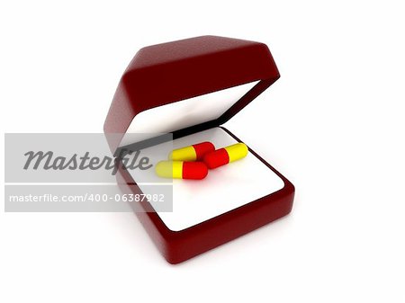 Red and yellow pills in an open red gift box