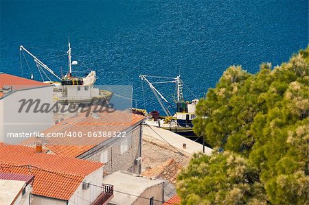 Fishing boats aerial view in Novigrad Dalmatinski, Dalmatia, Croatia