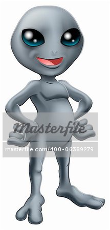 Cartoon happy friendly grey alien mascot standing with his hands on his hips