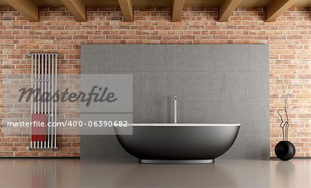 Bathroom with black bathtub in front a cement and brick wall - rendering