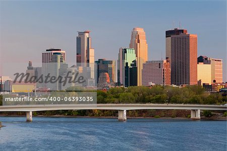 Image of Minneapolis downtown skyline at sunset.