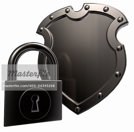 metal shield and padlock on white background - 3d illustration