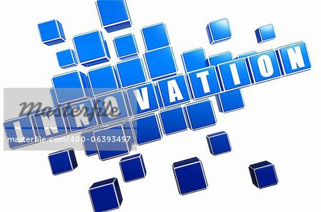 innovation text in 3d blue cubes with white letters