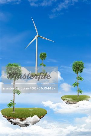 Floating Islands with plants and wind power station in the clouds