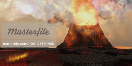 Rouge lave chaude les rouleaux de la bouche d'un volcan en éruption plein de feu et de soufre.